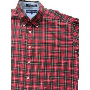 Tommy Hilfiger Mens L Dress Shirt Plaid Long Sleeve Logo Red Green Vintage Y2K‎